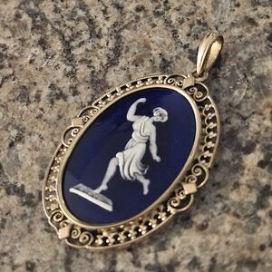 Antique French Art Nouveau Yellow Gold White Blue Enamel Cameo Pendant